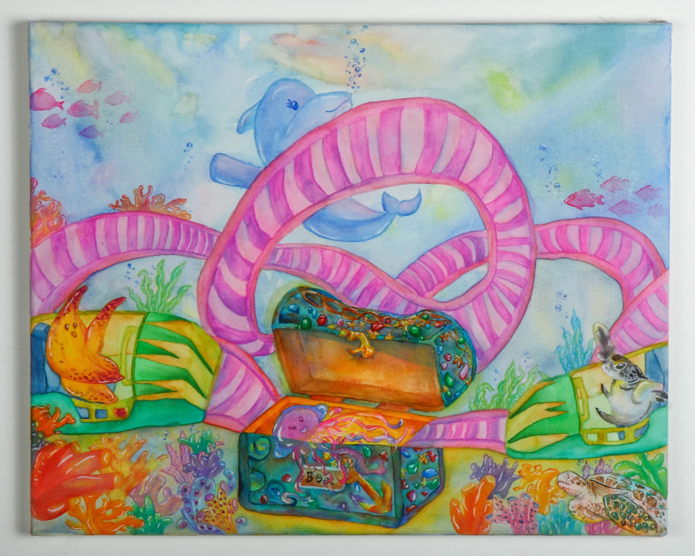 Watercolor of pink roller-coaster rails looping above a treasure chest, with a sea turtle, starfish and colorful corals.